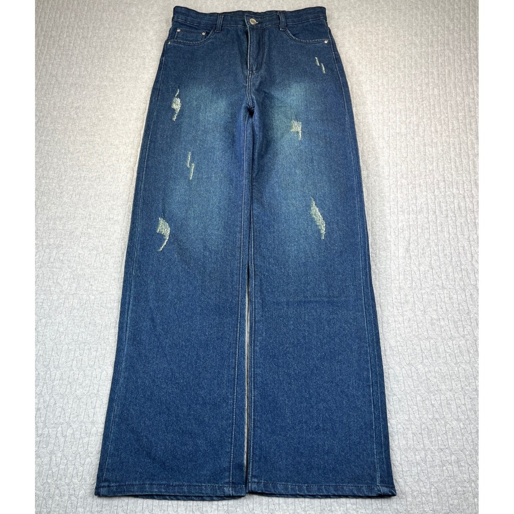 New Zara baggy wide leg Jeans Women 28X29 high-rise Blue Distressed‎ dark Wash